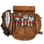 Brown Atena roll-up bag with silver mixology tools